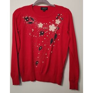 S. Christina 100% Cashmere Embellished Red Women's Sweater Large‎ Pearls Sequins